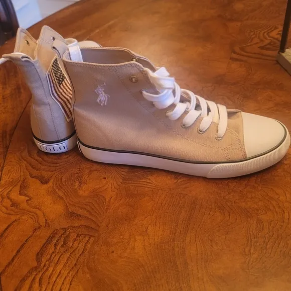 Polo Ralph Lauren Tan Red Blue White High Top Sneakers Size 6/8