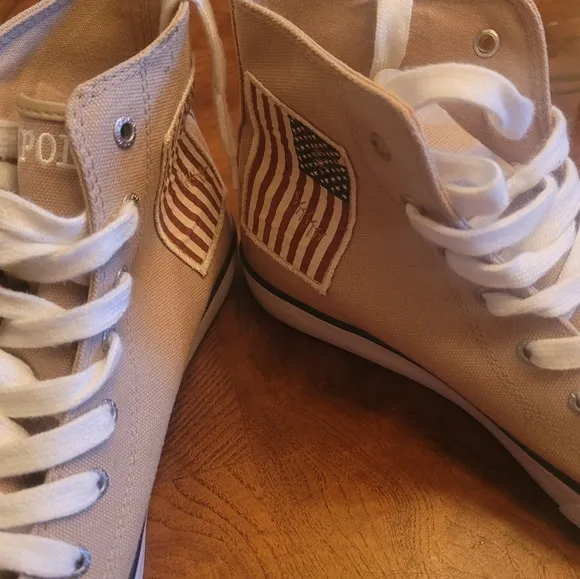 Polo Ralph Lauren Tan Red Blue White High Top Sneakers Size 6/8