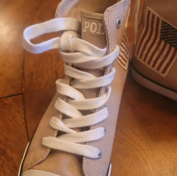 Polo Ralph Lauren Tan Red Blue White High Top Sneakers Size 6/8