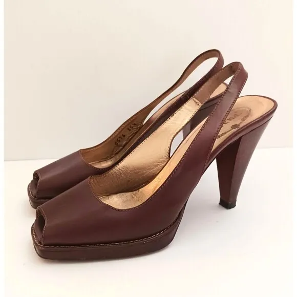 PRADA Brown Leather Platform Slingback  Peep Toe Stacked Wood Heel 35.5 US 5.5