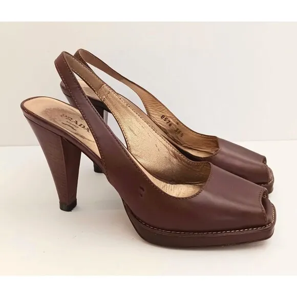 PRADA Brown Leather Platform Slingback  Peep Toe Stacked Wood Heel 35.5 US 5.5