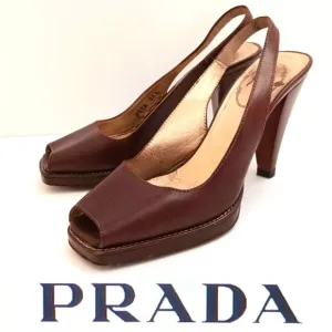 PRADA Brown Leather Platform Slingback  Peep Toe Stacked Wood Heel 35.5 US 5.5