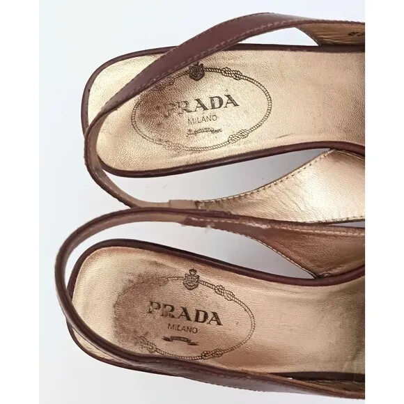PRADA Brown Leather Platform Slingback  Peep Toe Stacked Wood Heel 35.5 US 5.5