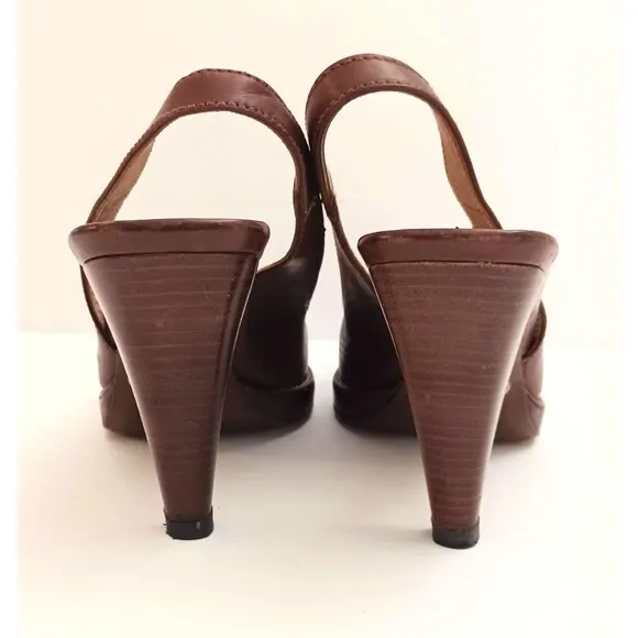 PRADA Brown Leather Platform Slingback  Peep Toe Stacked Wood Heel 35.5 US 5.5