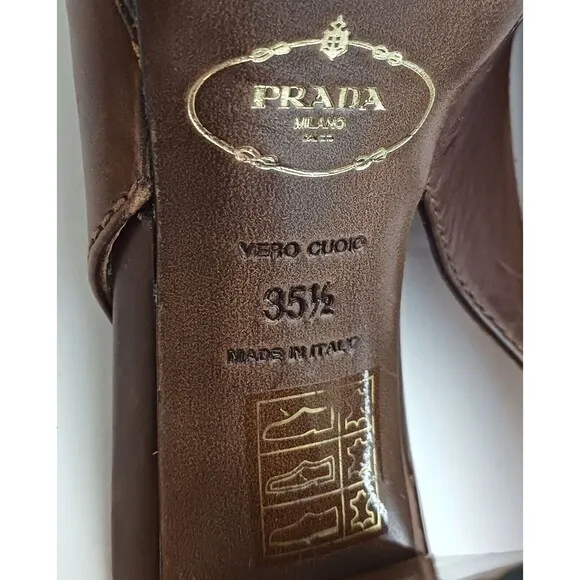 PRADA Brown Leather Platform Slingback  Peep Toe Stacked Wood Heel 35.5 US 5.5
