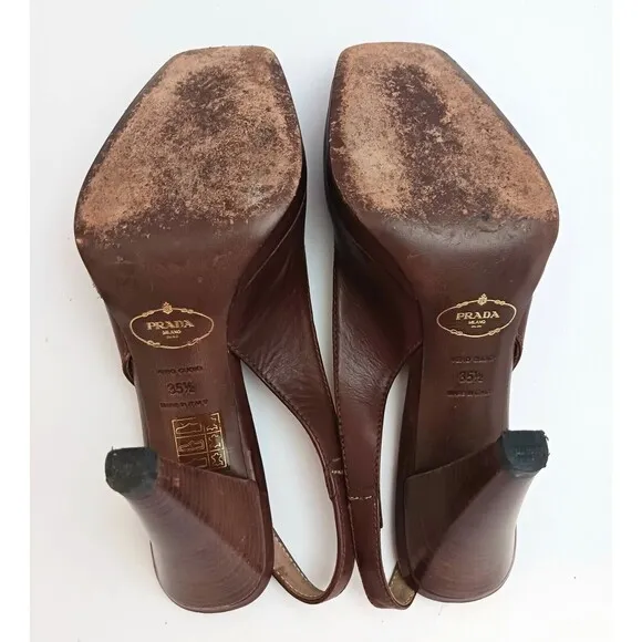 PRADA Brown Leather Platform Slingback  Peep Toe Stacked Wood Heel 35.5 US 5.5