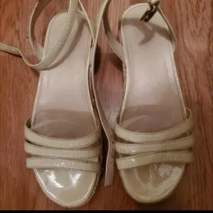 Prada Off White Ankle Strap Low Wedge Sandals