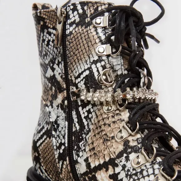 Pretty Little Thing Snake Diamante Detail Combat Ankle Boots Sz 9