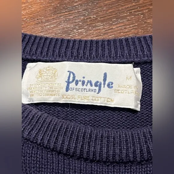 Pringle Of Scotland VTG Sweater Mens M Grandpa Tennis 80s Navy 100% Cotton Court