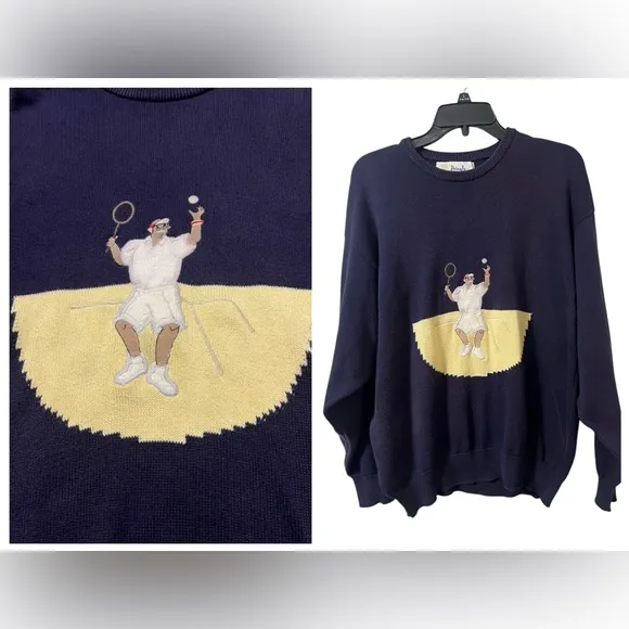 Pringle Of Scotland VTG Sweater Mens M Grandpa Tennis 80s Navy 100% Cotton Court