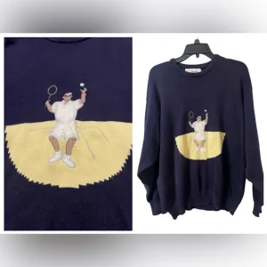 Pringle Of Scotland VTG Sweater Mens M Grandpa Tennis 80s Navy 100% Cotton Court