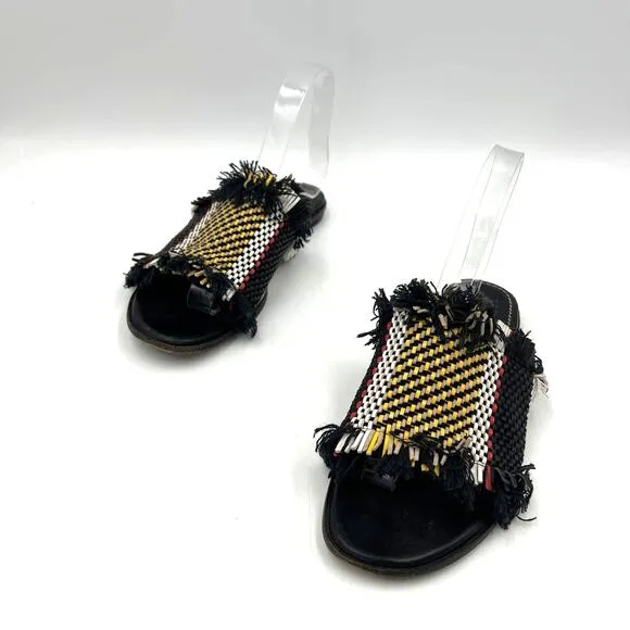 Proenza Schouler Woven Leather Slide Sandals Black Yellow Stripe