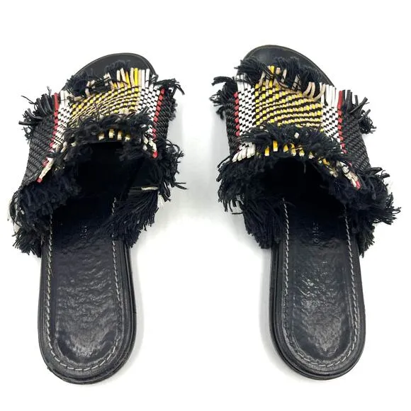 Proenza Schouler Woven Leather Slide Sandals Black Yellow Stripe