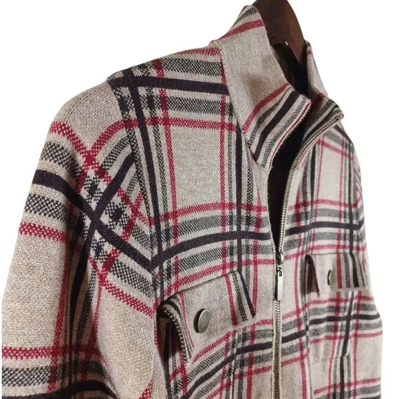 Rachel Zoe NWT Plaid Moto Jacket Sz M Zip Front Snap Pockets Red Beige Check