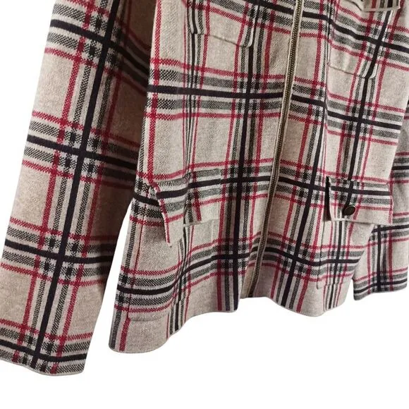 Rachel Zoe NWT Plaid Moto Jacket Sz M Zip Front Snap Pockets Red Beige Check