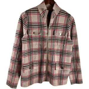 Rachel Zoe NWT Plaid Moto Jacket Sz M Zip Front Snap Pockets Red Beige Check