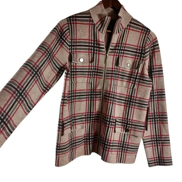 Rachel Zoe NWT Plaid Moto Jacket Sz M Zip Front Snap Pockets Red Beige Check