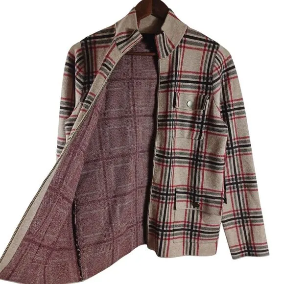 Rachel Zoe NWT Plaid Moto Jacket Sz M Zip Front Snap Pockets Red Beige Check