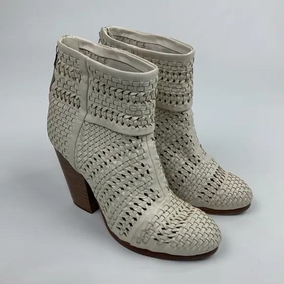 Rag &amp; Bone NY leather heeled Creme woven  Ankle Boots booties Size 36 Zip up