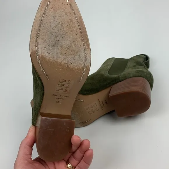 Rag &amp; Bone NY leather Suede Olive green Ankle Boots booties Size 36.5 Pull on