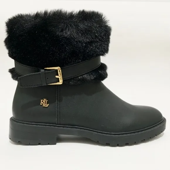Ralph Lauren Evanston Waterproof Black Leather Winter Warm Fur Moto Boots 7