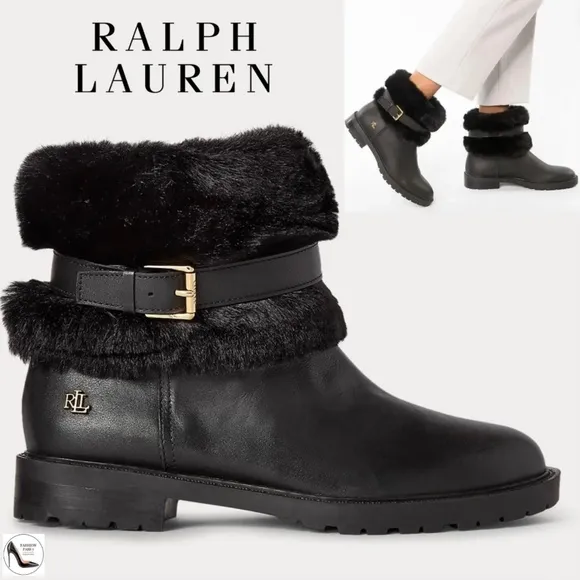 Ralph Lauren Evanston Waterproof Black Leather Winter Warm Fur Moto Boots 7
