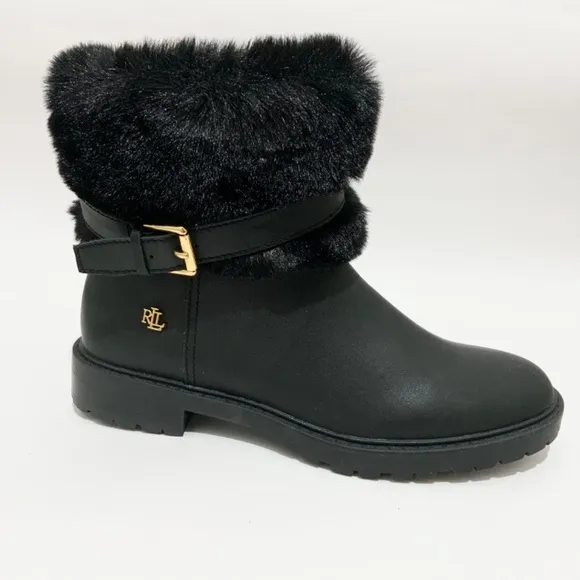 Ralph Lauren Evanston Waterproof Black Leather Winter Warm Fur Moto Boots 7