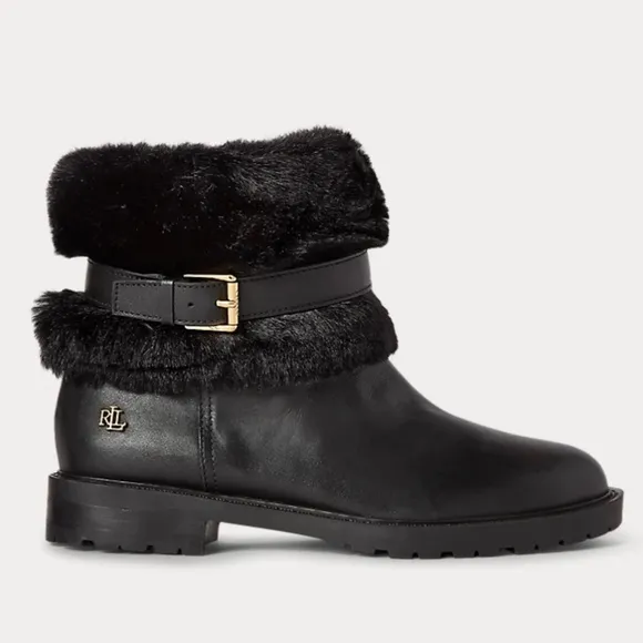 Ralph Lauren Evanston Waterproof Black Leather Winter Warm Fur Moto Boots 7