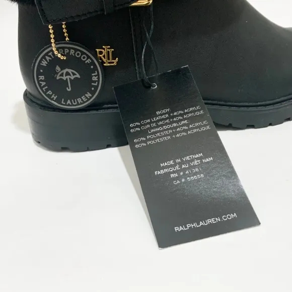 Ralph Lauren Evanston Waterproof Black Leather Winter Warm Fur Moto Boots 7
