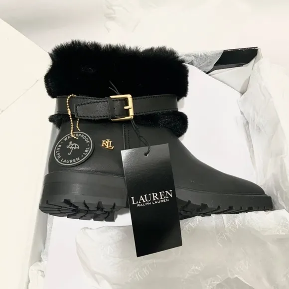 Ralph Lauren Evanston Waterproof Black Leather Winter Warm Fur Moto Boots 7