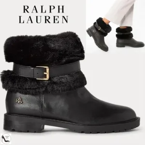 Ralph Lauren Evanston Waterproof Black Leather Winter Warm Fur Moto Boots 7