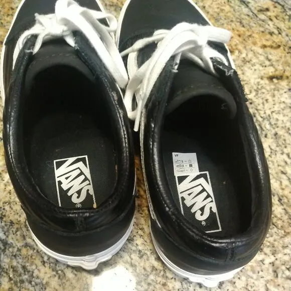 Rare Ribbed Vans Mens Black 500714 Lace Up Low Top Leather Shoes M 7 W 8.5