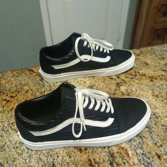 Rare Ribbed Vans Mens Black 500714 Lace Up Low Top Leather Shoes M 7 W 8.5