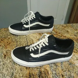 Rare Ribbed Vans Mens Black 500714 Lace Up Low Top Leather Shoes M 7 W 8.5