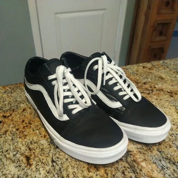 Rare Ribbed Vans Mens Black 500714 Lace Up Low Top Leather Shoes M 7 W 8.5