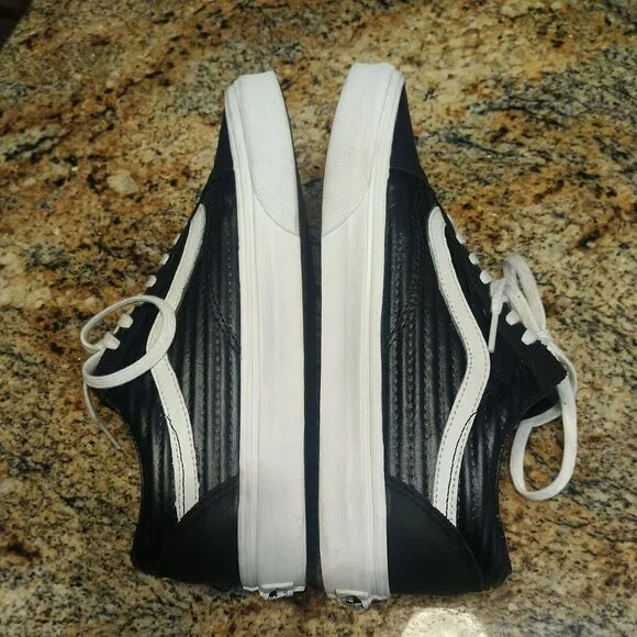 Rare Ribbed Vans Mens Black 500714 Lace Up Low Top Leather Shoes M 7 W 8.5