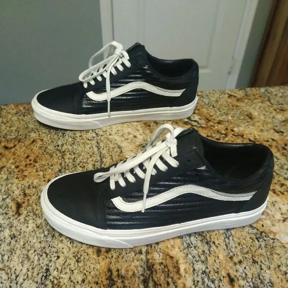 Rare Ribbed Vans Mens Black 500714 Lace Up Low Top Leather Shoes M 7 W 8.5