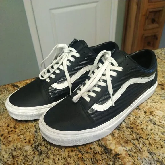Rare Ribbed Vans Mens Black 500714 Lace Up Low Top Leather Shoes M 7 W 8.5