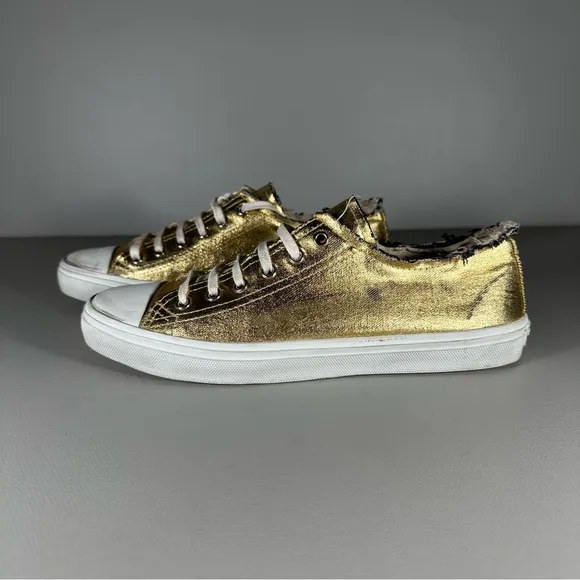 rare YSL Saint Laurent Paris Bedford Distressed Metallic Gold Low Cut Sneakers