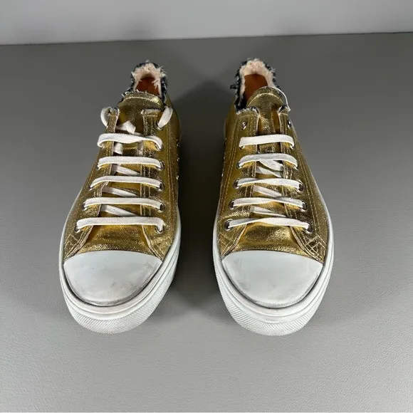 rare YSL Saint Laurent Paris Bedford Distressed Metallic Gold Low Cut Sneakers