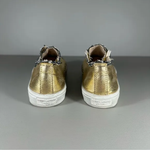 rare YSL Saint Laurent Paris Bedford Distressed Metallic Gold Low Cut Sneakers