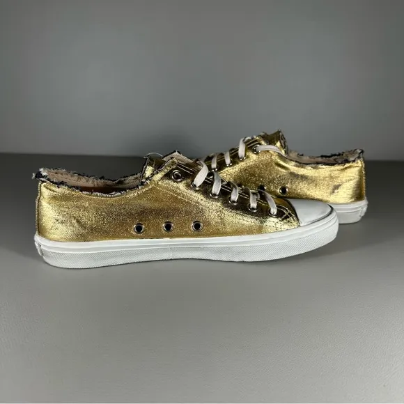 rare YSL Saint Laurent Paris Bedford Distressed Metallic Gold Low Cut Sneakers