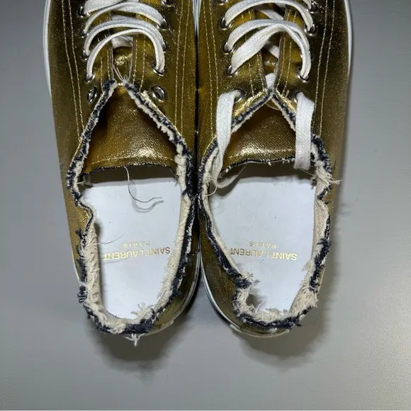 rare YSL Saint Laurent Paris Bedford Distressed Metallic Gold Low Cut Sneakers