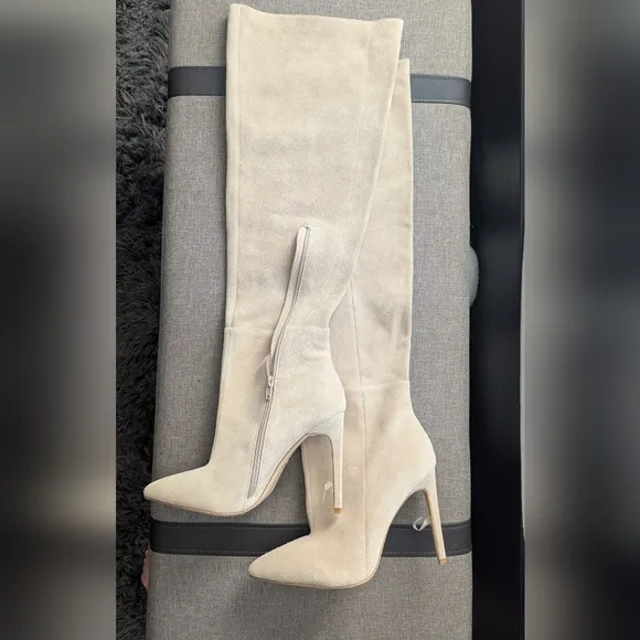 RAYE Cream Over the Knee Boots with Stiletto Heel