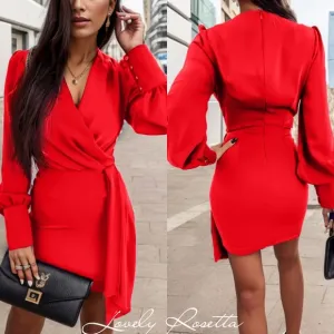Red Wrap Style Lantern Sleeve Mini Dress