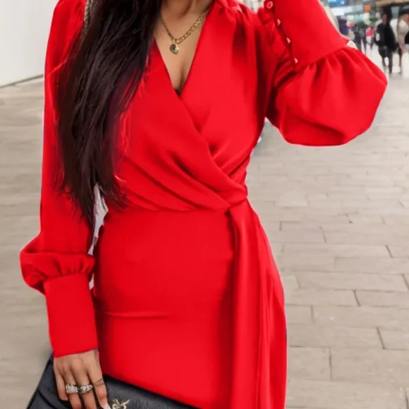 Red Wrap Style Lantern Sleeve Mini Dress