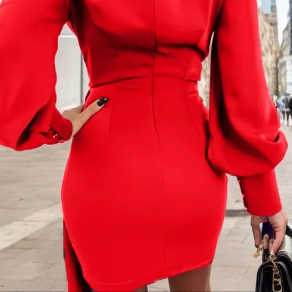 Red Wrap Style Lantern Sleeve Mini Dress