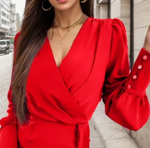 Red Wrap Style Lantern Sleeve Mini Dress