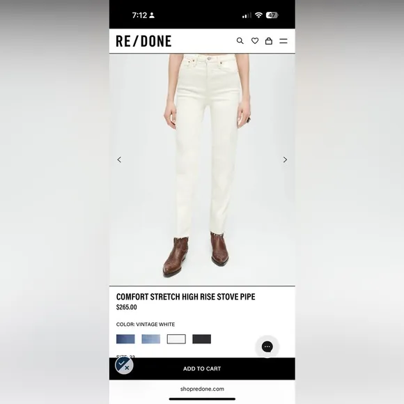 Re/Done High Rise Stove Pipe White Denim