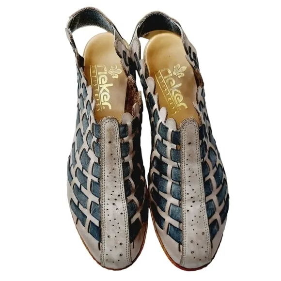 Rieker Sina Gray Leather Slingback Woven Clog Sandals Pumps Womens EU 39 US 8.5